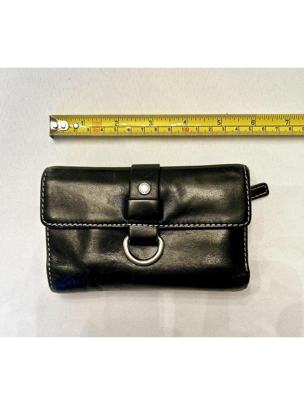 vtg FOSSIL Womens Black Leather Tri-Fold Wallet Silver Hardware White Stitching